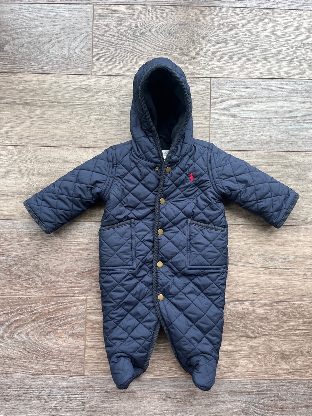 Ralph Lauren Navy Quilted Hooded Baby One-Piece with Red Logo